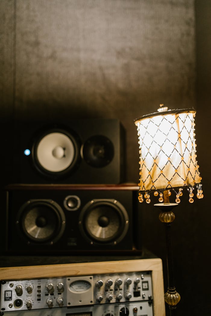 Electric Lamp next Speakers and a Music Console